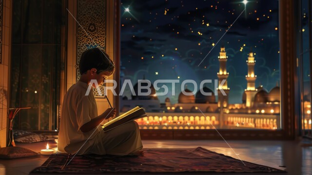 الإكثار من الطاعة والتقرب الى الله، الجلسات الإسلامية الروحانية الهادئة في شهر رمضان المبارك، زرع الفطرة السليمة الصحيحة في الأبناء، تلاوة وقراءة القرآن الكريم، ولد عربي خليجي سعودي يحمل بيده المصحف الشريف يجلس أمام واجهه زجاجية مطلة على أحد المساجد الاسلامية