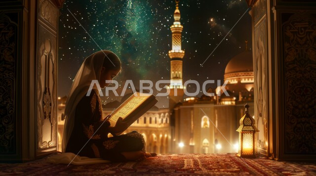 مفهوم العبادة والتقرب الى الله، تربية الابناء على الفطرة السليمة الصحيحة، قراءة و تلاوة القرآن الكريم، الجلسات الإسلامية الروحانية في شهر رمضان المبارك، فتاة عربية خليجية سعودية تحمل بيدها المصحف الشريف تجلس أمام أحد المساجد الاسلامية