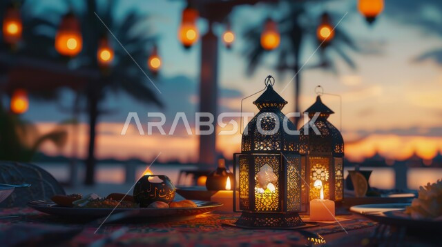 Traditional antiques and decorations to celebrate the advent of the holy month of Ramadan, a group of decorative Arabic metal lanterns illuminated at sunset, Arab customs and traditions in decorating holidays and religious occasions, a Ramadan and Islamic spiritual atmosphere