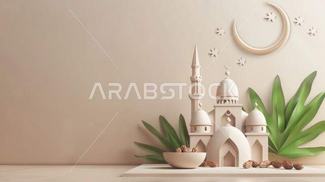  زينة الاعياد والمناسبات الدينية, الاستعداد لقدوم شهر الخير, تصاميم توضيحية ثلاثية الابعاد للمآذن والقبب للمساجد الإسلامية مع حبات التمر، الديكورات والتصاميم الهندسية المميزة في رمضان المبارك، مفهوم العبادة والتقرب إلى الله تعالى، خلفية بيج