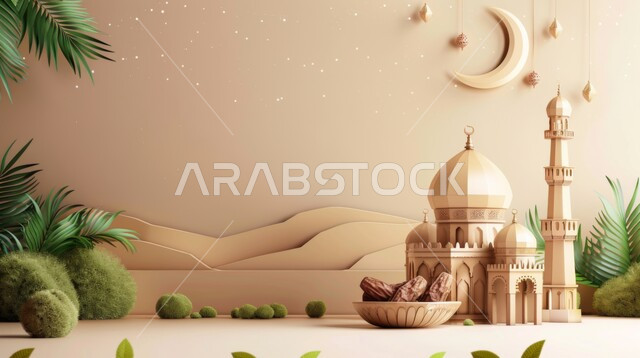  زينة الاعياد والمناسبات الدينية, الاستعداد لقدوم شهر الخير, تصاميم توضيحية ثلاثية الابعاد للمآذن والقبب للمساجد الإسلامية مع حبات التمر، الديكورات والتصاميم الهندسية المميزة في رمضان المبارك، مفهوم العبادة والتقرب إلى الله تعالى، خلفية بيج