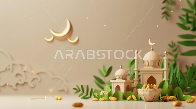  زينة الاعياد والمناسبات الدينية, الاستعداد لقدوم شهر الخير, تصاميم توضيحية ثلاثية الابعاد للمآذن والقبب للمساجد الإسلامية مع حبات التمر، الديكورات والتصاميم الهندسية المميزة في رمضان المبارك، مفهوم العبادة والتقرب إلى الله تعالى، خلفية بيج