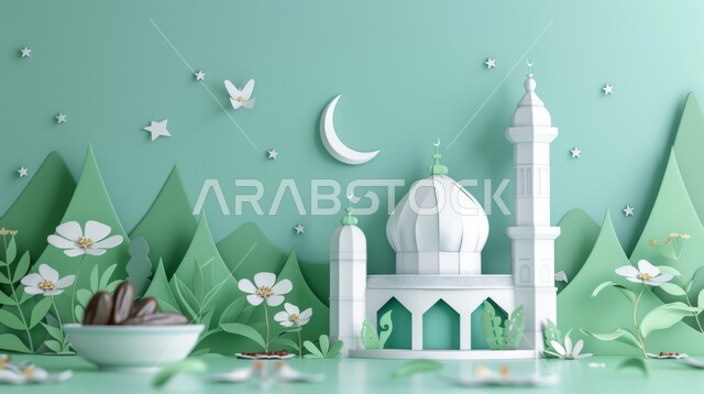 زينة الاعياد والمناسبات الدينية، مفهوم العبادة والتقرب إلى الله تعالى، تصاميم توضيحية ثلاثية الابعاد للمآذن والقبب للمساجد الإسلامية مع حبات التمر، الديكورات والتصاميم الهندسية المميزة في رمضان المبارك، قدوم شهر الخير, خلفية خضراء