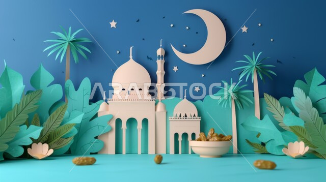 الديكورات الهندسية المميزة في رمضان المبارك، مفهوم العبادة والتقرب إلى الله تعالى، زينة الاعياد والمناسبات الدينية، تصاميم توضيحية ثلاثية الابعاد للمآذن والقبب للمساجد الإسلامية مع حبات التمر، قدوم شهر الخير, خلفية زرقاء