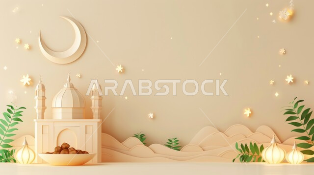 الاستعداد لقدوم شهر الخير, تصاميم توضيحية ثلاثية الابعاد للمآذن والقبب للمساجد الإسلامية مع حبات التمر، الديكورات والتصاميم الهندسية المميزة في رمضان المبارك، زينة الاعياد والمناسبات الدينية، مفهوم العبادة والتقرب إلى الله تعالى، خلفية بيج