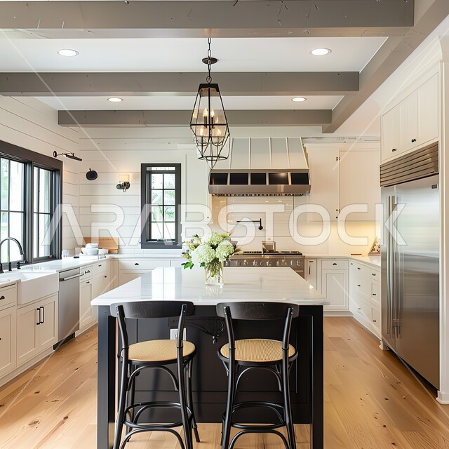 Household utensils arranged on shelves, luxury interior design kitchens, modern dining rooms, architecture and decoration in villas and residential apartments, luxury classic furniture in beige