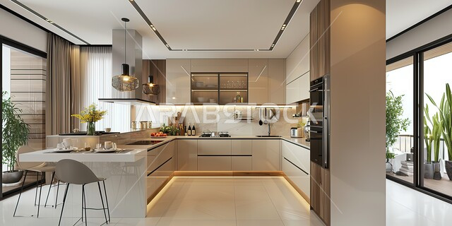 مطابخ ديكورات داخلية فخمة، غرف طعام عصرية، فن الهندسة المعمارية والديكور في الفلل والشقق السكنية، الأواني المنزلية المرتبة على الرفوف، أثاث كلاسيكي فاخر باللون البيج