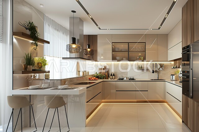 Modern dining rooms, architecture and decoration in villas and apartments, luxurious interior decoration kitchens, household utensils arranged on shelves, luxury classic furniture in beige