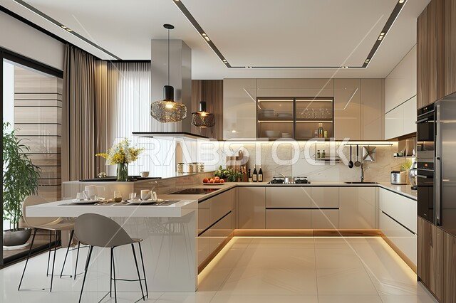 Modern dining rooms, architecture and decoration in villas and apartments, luxurious interior decoration kitchens, household utensils arranged on shelves, luxury classic furniture in beige