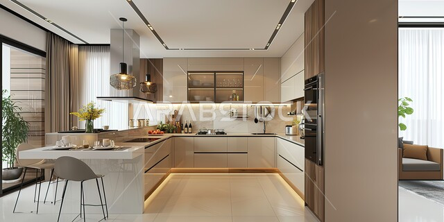 Modern dining rooms, architecture and decoration in villas and apartments, luxurious interior decoration kitchens, household utensils arranged on shelves, luxury classic furniture in beige