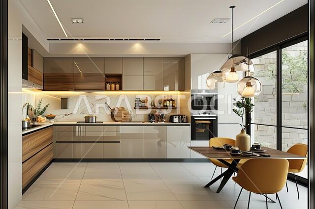 غرف طعام عصرية، فن الهندسة المعمارية والديكور في الفلل والشقق السكنية، مطابخ ديكورات داخلية فخمة، الأواني المنزلية المرتبة على الرفوف، أثاث كلاسيكي فاخر باللون البيج