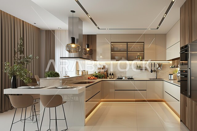 مطابخ ديكورات داخلية فخمة، غرف طعام عصرية، فن الهندسة المعمارية والديكور في الفلل والشقق السكنية، الأواني المنزلية المرتبة على الرفوف، أثاث كلاسيكي فاخر باللون البيج
