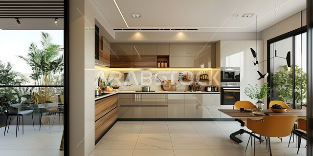 مطابخ ديكورات داخلية فخمة، غرف طعام عصرية، فن الهندسة المعمارية والديكور في الفلل والشقق السكنية، الأواني المنزلية المرتبة على الرفوف، أثاث كلاسيكي فاخر باللون البيج