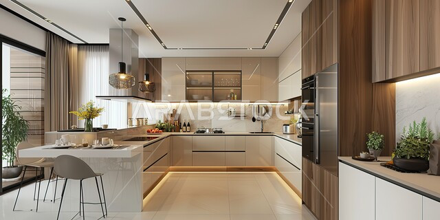 مطابخ ديكورات داخلية فخمة، غرف طعام عصرية، فن الهندسة المعمارية والديكور في الفلل والشقق السكنية، الأواني المنزلية المرتبة على الرفوف، أثاث كلاسيكي فاخر باللون البيج