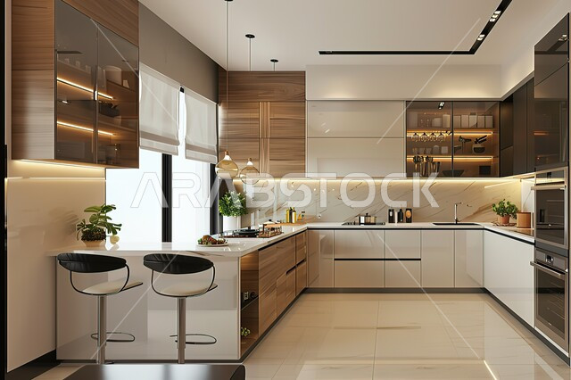 غرف طعام عصرية، فن الهندسة المعمارية والديكور في الفلل والشقق السكنية، مطابخ ديكورات داخلية فخمة، الأواني المنزلية المرتبة على الرفوف، أثاث كلاسيكي فاخر باللون البيج