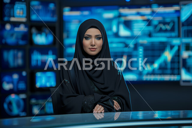 Presenting Saudi and international news and developments, a Saudi Gulf Arab broadcaster looks at the camera with confident gestures, integrating the practical environment with technology and technology, television media, a modern electronic screen background for news bulletins around the world