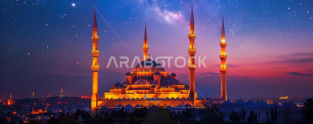 Getting closer to God Almighty through worship, holy Islamic places and landmarks, decorations and architectural designs for building mosques in the Kingdom of Saudi Arabia, minarets and domes in the modern Islamic style.