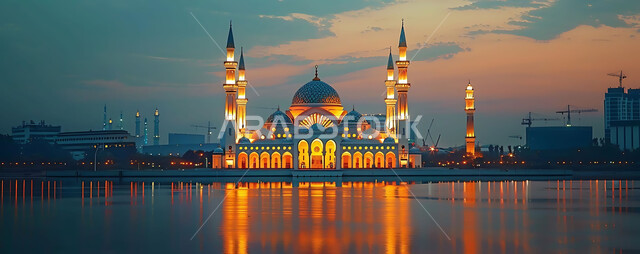 Getting closer to God Almighty through worship, holy Islamic places and landmarks, decorations and architectural designs for building mosques in the Kingdom of Saudi Arabia, minarets and domes in the modern Islamic style.
