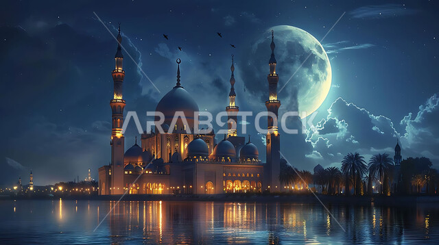 Getting closer to God Almighty through worship, holy Islamic places and landmarks, decorations and architectural designs for building mosques in the Kingdom of Saudi Arabia, minarets and domes in the modern Islamic style.