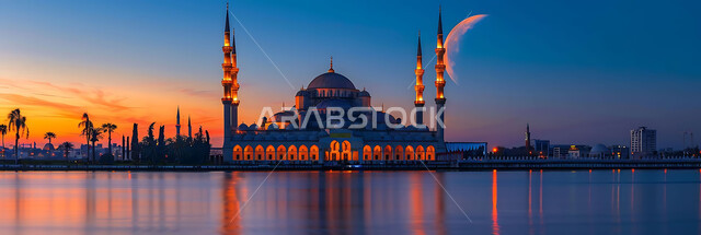 Getting closer to God Almighty through worship, holy Islamic places and landmarks, decorations and architectural designs for building mosques in the Kingdom of Saudi Arabia, minarets and domes in the modern Islamic style.