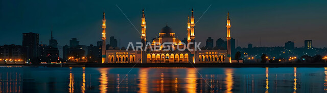 Getting closer to God Almighty through worship, holy Islamic places and landmarks, decorations and architectural designs for building mosques in the Kingdom of Saudi Arabia, minarets and domes in the modern Islamic style.