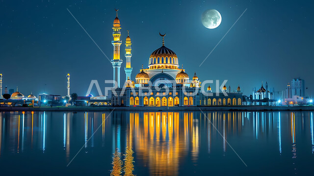 Getting closer to God Almighty through worship, holy Islamic places and landmarks, decorations and architectural designs for building mosques in the Kingdom of Saudi Arabia, minarets and domes in the modern Islamic style.