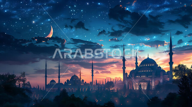 Getting closer to God Almighty through worship, holy Islamic places and landmarks, decorations and architectural designs for building mosques in the Kingdom of Saudi Arabia, minarets and domes in the modern Islamic style.