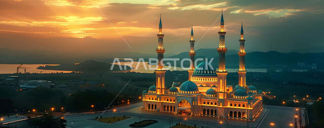 Minarets and domes in the modern Islamic style, getting closer to God Almighty through worship, holy Islamic places and landmarks, decorations and architectural designs for building mosques in the Kingdom of Saudi Arabia.