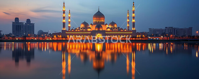 Minarets and domes in the modern Islamic style, getting closer to God Almighty through worship, holy Islamic places and landmarks, decorations and architectural designs for building mosques in the Kingdom of Saudi Arabia.