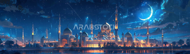 Minarets and domes in the modern Islamic style, getting closer to God Almighty through worship, holy Islamic places and landmarks, decorations and architectural designs for building mosques in the Kingdom of Saudi Arabia.