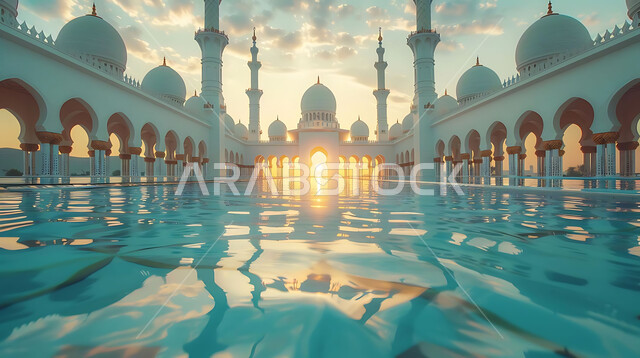 Minarets and domes in the modern Islamic style, getting closer to God Almighty through worship, holy Islamic places and landmarks, decorations and architectural designs for building mosques in the Kingdom of Saudi Arabia.