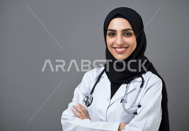 Working in the health sector, standing with folded hands and looking at the camera with gestures of joy and pleasure, providing medical services and examinations to patients, close-up portrait of a smiling veiled Saudi Arabian Gulf female doctor wearing a white medical coat and examination stethoscope, Saudi professions and jobs, gray background