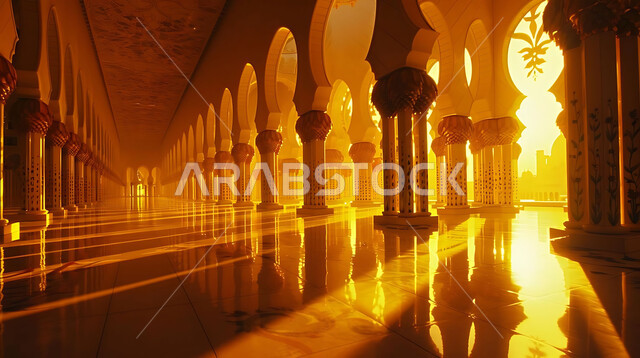 Architectural engineering art, Islamic architectural designs, Sheikh Zayed Grand Mosque in the Emirate of Abu Dhabi in the United Arab Emirates, Islamic landmarks and holy places, minarets and domes in the modern Islamic style, getting closer to God Almighty through worship