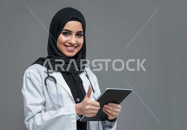 رفع اليد بعلامات الجودة، استخدام التقنيات الحديثة في المجال الطبي, تقديم الاستشارت العلاجية للمرضى, بورتريه مقرب لطبيبة عربية خليجية سعودية محجبة ترتدي المعطف الطبي وسماعة الفحص تمسك بجهاز التابليت، النظر إلى الكاميرا بإيماءات البهجة والسرور، خلفية رمادية