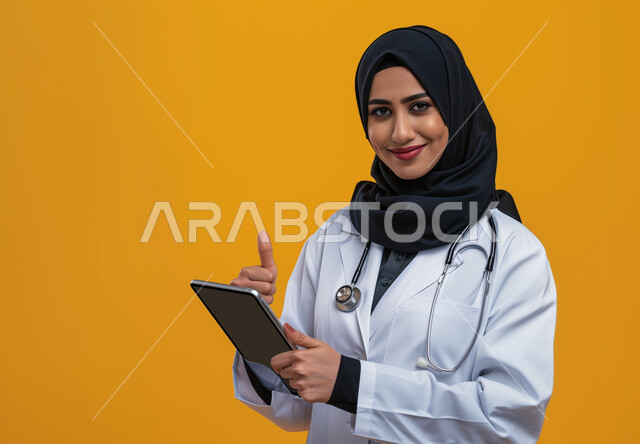 تقديم الاستشارت العلاجية للمرضى, النظر إلى الكاميرا بإيماءات البهجة والسرور، رفع اليد بعلامات الجودة، استخدام التقنيات الحديثة في المجال الطبي, بورتريه لطبيبة عربية خليجية سعودية محجبة ترتدي المعطف الطبي وسماعة الفحص تمسك بجهاز التابليت، خلفية صفراء