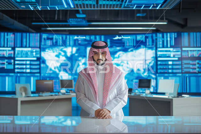 Television media, integrating the practical environment with technology and technology, presenting Saudi and international news and developments, a Saudi Gulf Arab broadcaster wearing the traditional dress and shemagh looking at the camera with confident gestures, a modern electronic screen background for the news bulletin around the world