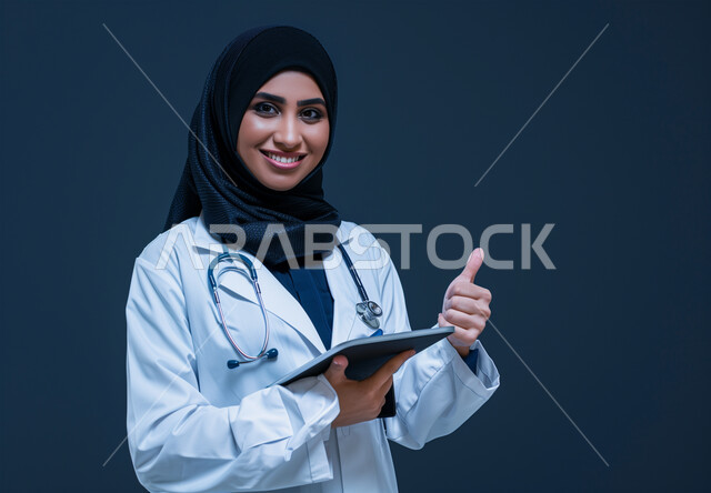 النظر إلى الكاميرا بإيماءات البهجة والسرور، رفع اليد بعلامات الجودة، استخدام التقنيات الحديثة في المجال الطبي, تقديم الاستشارت العلاجية للمرضى, بورتريه لطبيبة عربية خليجية سعودية محجبة ترتدي المعطف الطبي وسماعة الفحص تمسك بجهاز التابليت، خلفية زرقاء