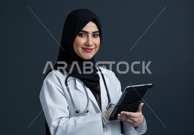 استخدام التقنيات الحديثة في المجال الطبي, تقديم الاستشارت العلاجية للمرضى عبر ميزة الاونلاين, النظر إلى الكاميرا بإيماءات البهجة والسرور، بورتريه لطبيبة عربية خليجية سعودية محجبة ترتدي المعطف الطبي وسماعة الفحص تمسك بجهاز التابليت، خلفية سوداء