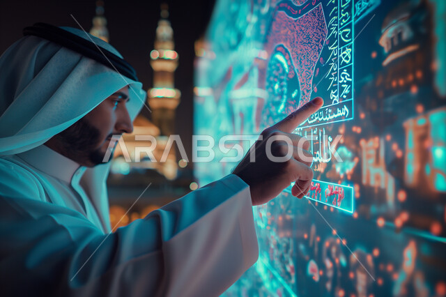 Science, innovation and artificial intelligence technology, achieving the industrial revolution, holographic digital codes, a Saudi Gulf Arab man wearing a traditional thobe and shemagh clicking on three-dimensional drawings, Saudi Vision 2030