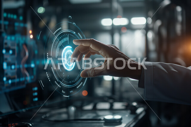 Big data network and digital transformation, working with technical plans, science, innovation and artificial intelligence technology, achieving the industrial revolution, holographic digital codes, a Saudi Gulf Arab man wearing a traditional thobe and shemagh clicking on three-dimensional graphics, Saudi Vision 2030