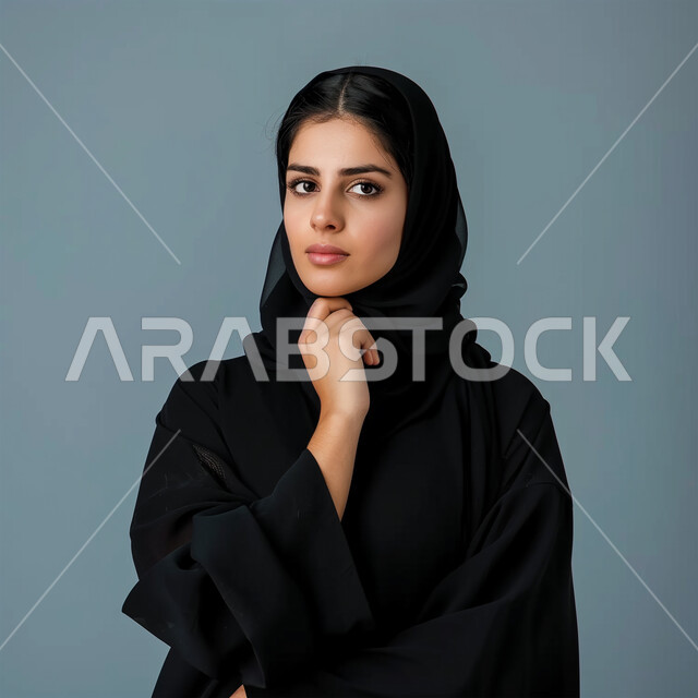 الملامح العربية القوية، النظر إلى الكاميرا بتعابير التركيز، الاهتمام بالمظهر الخارجي، مفهوم الأنوثة والنعومة، أزياء محجبات عصرية وأنيقة، بورتريه لامرأة عربية خليجية سعودية ترتدي العباية والحجاب تضع يدها على ذقنها بإيماءات التفكير، خلفية زرقاء
