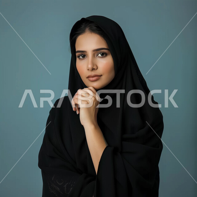 الملامح العربية القوية، النظر إلى الكاميرا بتعابير التركيز، الاهتمام بالمظهر الخارجي، مفهوم الأنوثة والنعومة، أزياء محجبات عصرية وأنيقة، بورتريه لامرأة عربية خليجية سعودية ترتدي العباية والحجاب تضع يدها على ذقنها بإيماءات التفكير، خلفية زرقاء