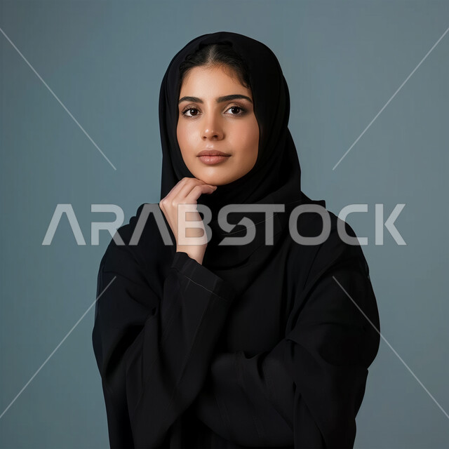 النظر إلى الكاميرا بتعابير التركيز، الاهتمام بالمظهر الخارجي، مفهوم الأنوثة والنعومة، أزياء محجبات عصرية وأنيقة، الملامح العربية القوية، بورتريه لامرأة عربية خليجية سعودية ترتدي العباية والحجاب تضع يدها على ذقنها بإيماءات التفكير، خلفية زرقاء