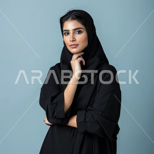 مفهوم الأنوثة والنعومة، الاهتمام بالمظهر الخارجي، أزياء محجبات عصرية وأنيقة، الملامح العربية القوية، بورتريه لامرأة عربية خليجية سعودية ترتدي العباية والحجاب تضع يدها على ذقنها بإيماءات التفكير، النظر إلى الكاميرا بتعابير التركيز، خلفية زرقاء