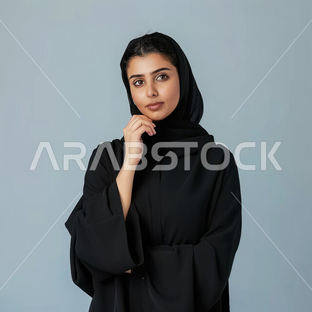 الاهتمام بالمظهر الخارجي، مفهوم الأنوثة والنعومة، أزياء محجبات عصرية وأنيقة، الملامح العربية القوية، بورتريه لامرأة عربية خليجية سعودية ترتدي العباية والحجاب تضع يدها على ذقنها بإيماءات التفكير، النظر إلى الكاميرا بتعابير التركيز، خلفية زرقاء