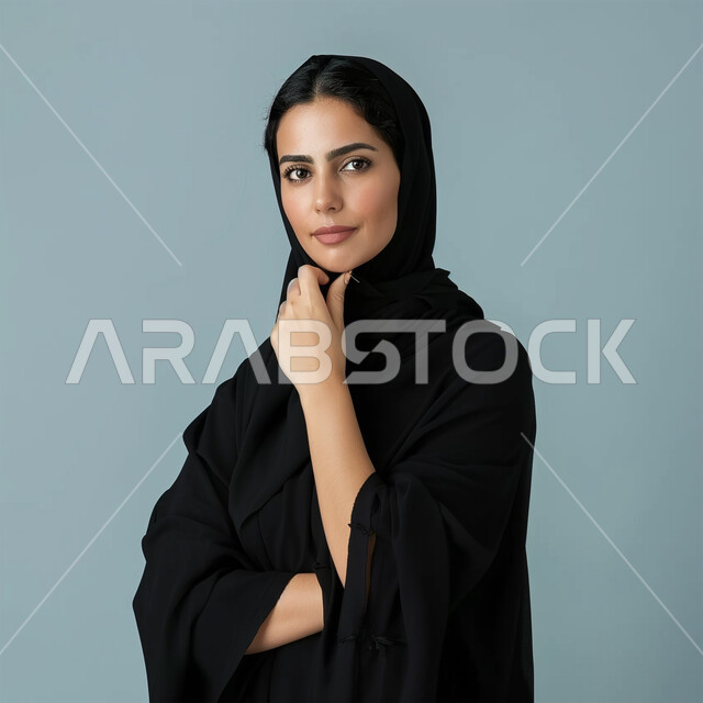 مفهوم الأنوثة والنعومة، الاهتمام بالمظهر الخارجي، أزياء محجبات عصرية وأنيقة، الملامح العربية القوية، بورتريه لامرأة عربية خليجية سعودية ترتدي العباية والحجاب تضع يدها على ذقنها بإيماءات التفكير، النظر إلى الكاميرا بتعابير التركيز، خلفية زرقاء