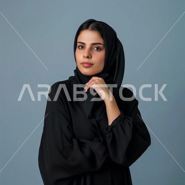 وضع اليد على الذقن بإيماءات التفكير، الملامح العربية القوية، الاهتمام بالمظهر الخارجي، مفهوم الأنوثة والنعومة، أزياء محجبات عصرية وأنيقة، بورتريه لامرأة عربية خليجية سعودية ترتدي العباية والحجاب تنظر إلى الكاميرا بتعابير التركيز، خلفية زرقاء