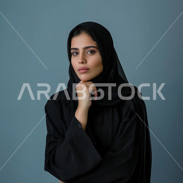 وضع اليد على الذقن بإيماءات التفكير، الملامح العربية القوية، الاهتمام بالمظهر الخارجي، مفهوم الأنوثة والنعومة، أزياء محجبات عصرية وأنيقة، بورتريه لامرأة عربية خليجية سعودية ترتدي العباية والحجاب تنظر إلى الكاميرا بتعابير التركيز، خلفية زرقاء