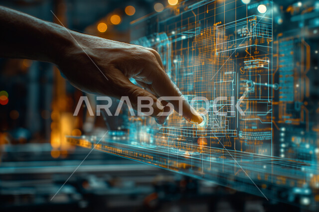 المخططات الهندسية والتصاميم المتطورة لمشاريع البناء المستقبلية في السعودية، رؤية مستقبلية سعودية 2030، خلفية هولوجرامية ثلاثية الأبعاد للبيوت والمنازل السكنية، صورة مقربة ليد مهندس عربي خليجي سعودي يراقب جودة العمل