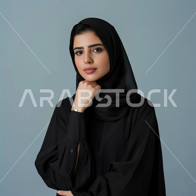 مفهوم الأنوثة والنعومة، الاهتمام بالمظهر الخارجي، أزياء محجبات عصرية وأنيقة، الملامح العربية القوية، بورتريه لامرأة عربية خليجية سعودية ترتدي العباية والحجاب تضع يدها على ذقنها بإيماءات التفكير، النظر إلى الكاميرا بتعابير التركيز، خلفية زرقاء